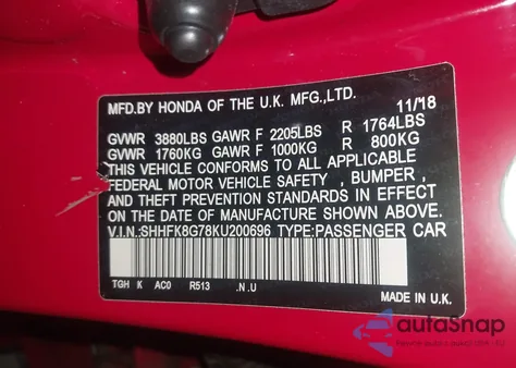 2019 Honda Civic Type R Touring z USA, uszkodzony, nr VIN SHHFK8G78KU200696